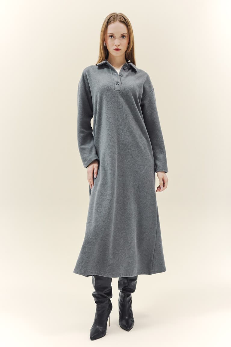 Regular Fit Polo Collar Long Sleeve Maxi Dress