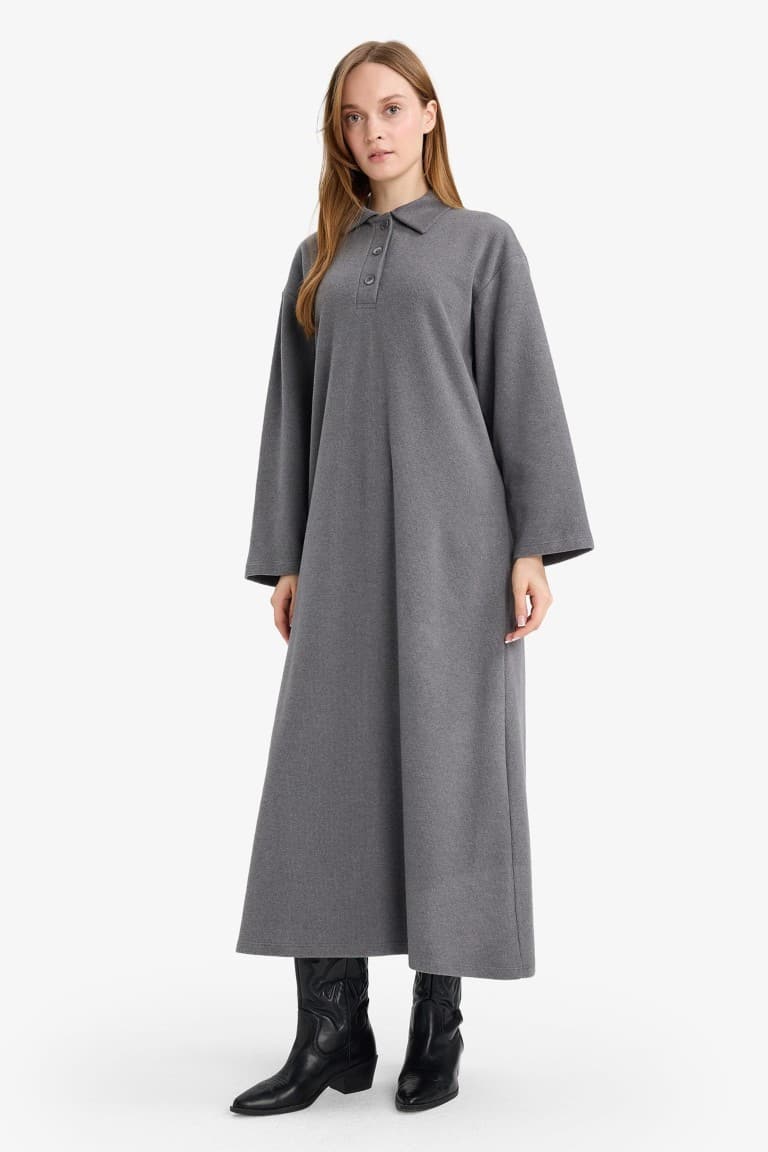 Regular Fit Polo Collar Long Sleeve Maxi Dress