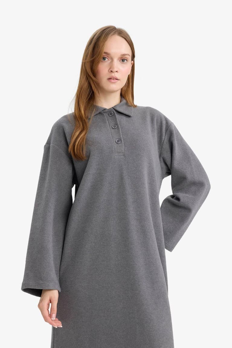 Regular Fit Polo Collar Long Sleeve Maxi Dress