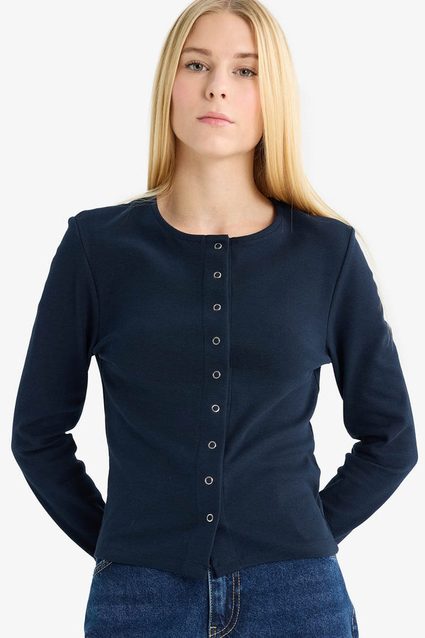 Fitted Crew Neck Rib Cardigan