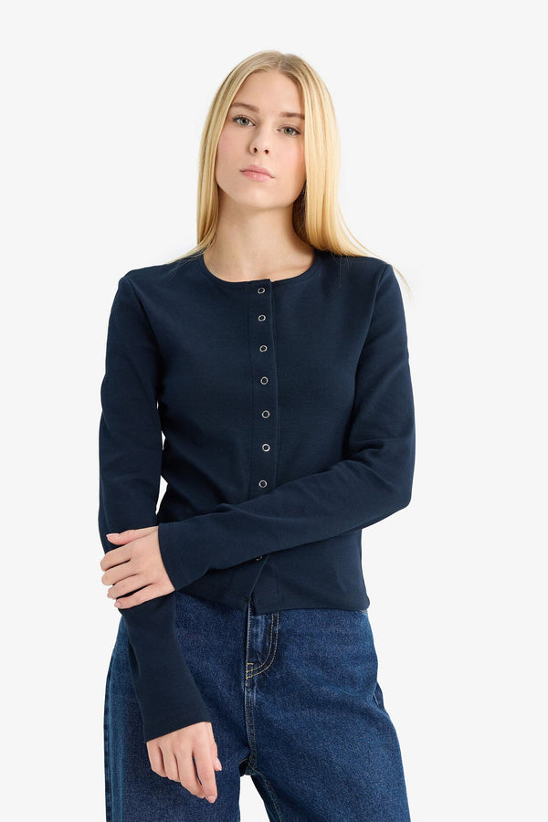 Fitted Crew Neck Rib Cardigan