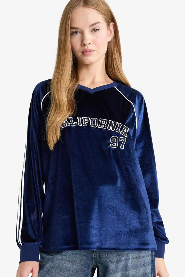Oversize Wide Fit V-Neck Printed Velvet Sweatshirt