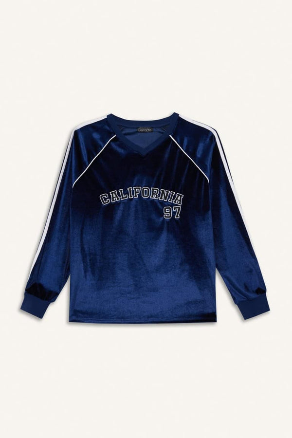 Oversize Wide Fit V-Neck Printed Velvet Sweatshirt