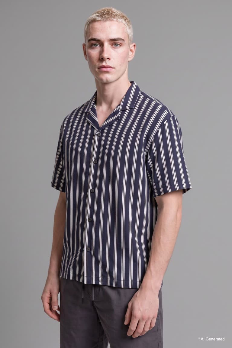 Boxy Fit, Apaş Collar Printed Striped Short Sleeve Shirt Main image