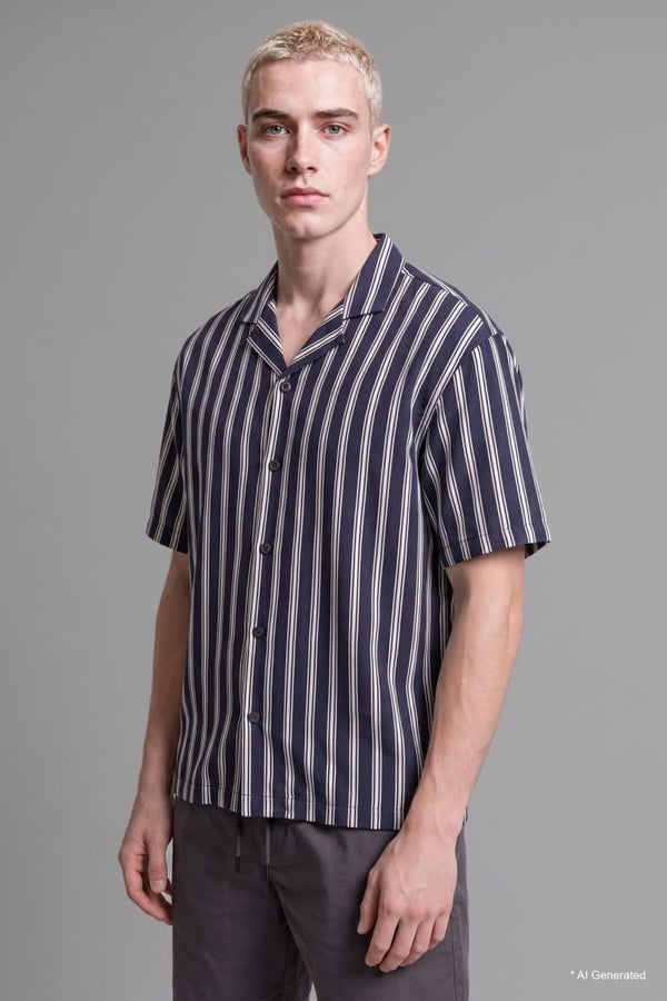 Boxy Fit, Apaş Collar Printed Striped Short Sleeve Shirt