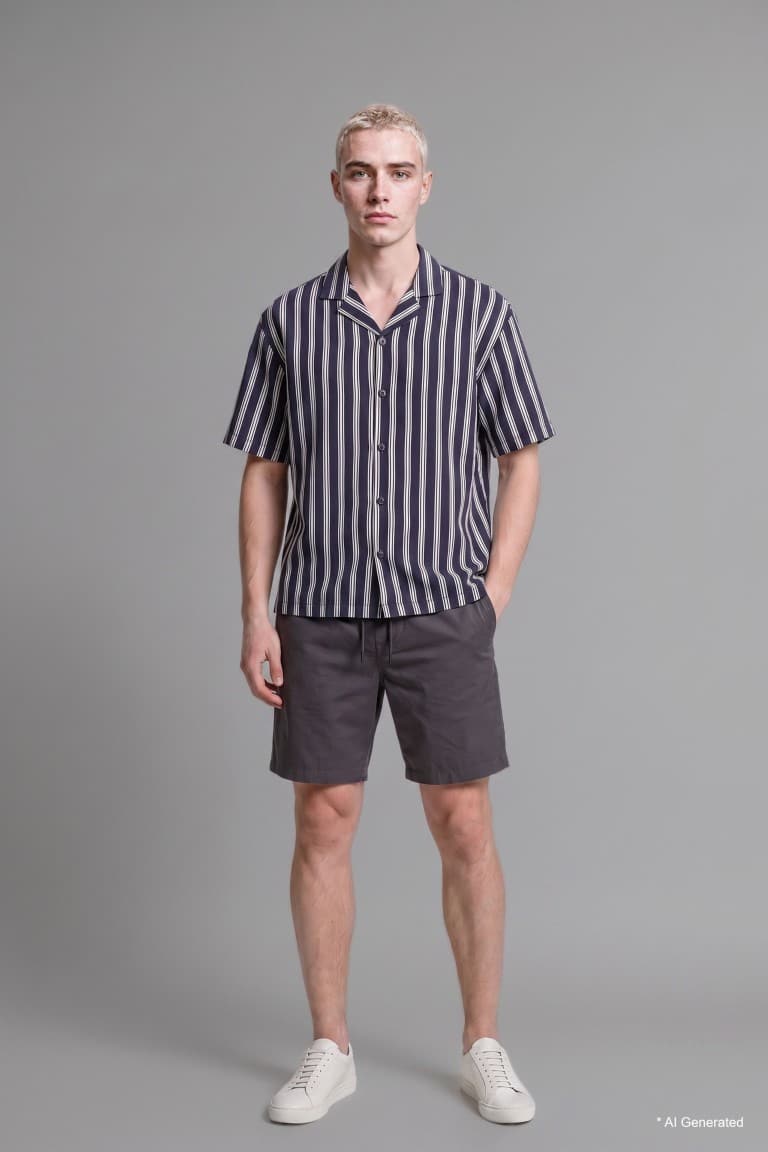 Boxy Fit, Apaş Collar Printed Striped Short Sleeve Shirt