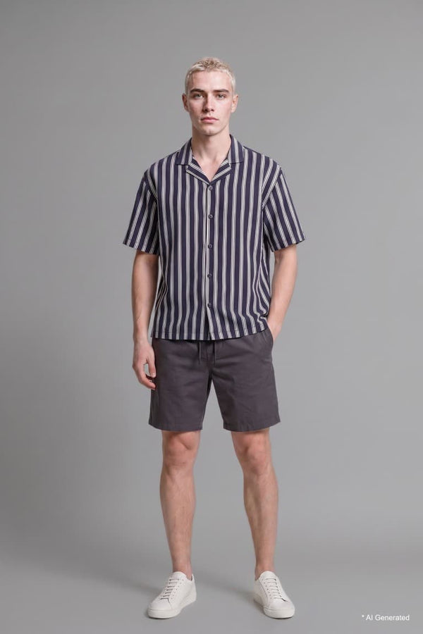 Boxy Fit, Apaş Collar Printed Striped Short Sleeve Shirt
