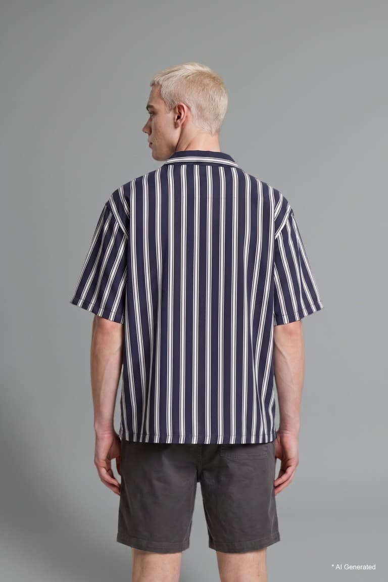 Boxy Fit, Apaş Collar Printed Striped Short Sleeve Shirt