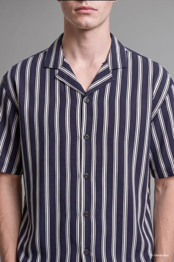 Boxy Fit, Apaş Collar Printed Striped Short Sleeve Shirt