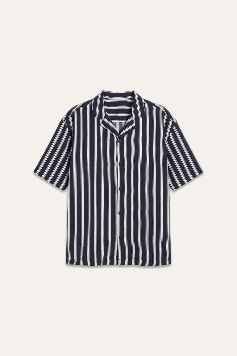 Boxy Fit, Apaş Collar Printed Striped Short Sleeve Shirt