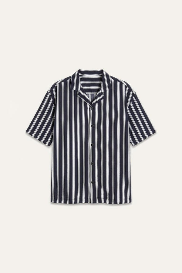 Boxy Fit, Apaş Collar Printed Striped Short Sleeve Shirt