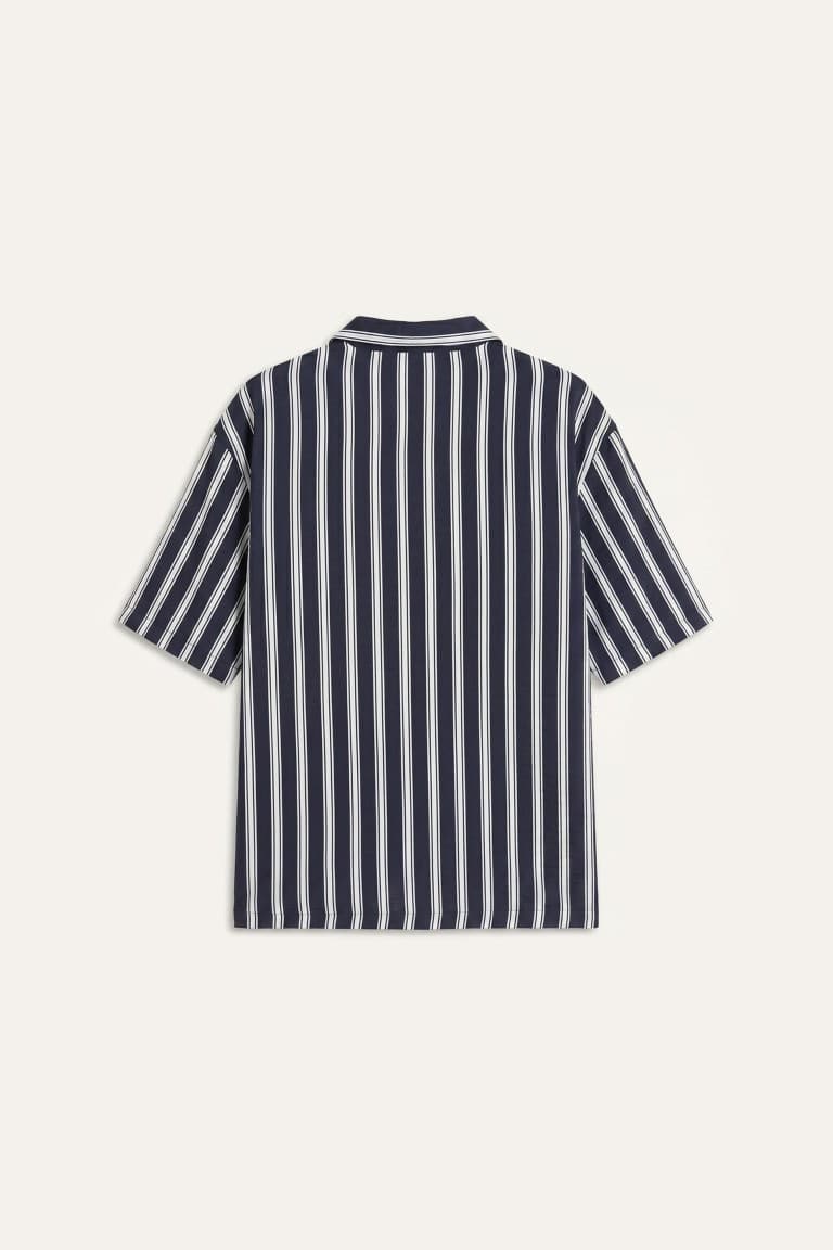 Boxy Fit, Apaş Collar Printed Striped Short Sleeve Shirt