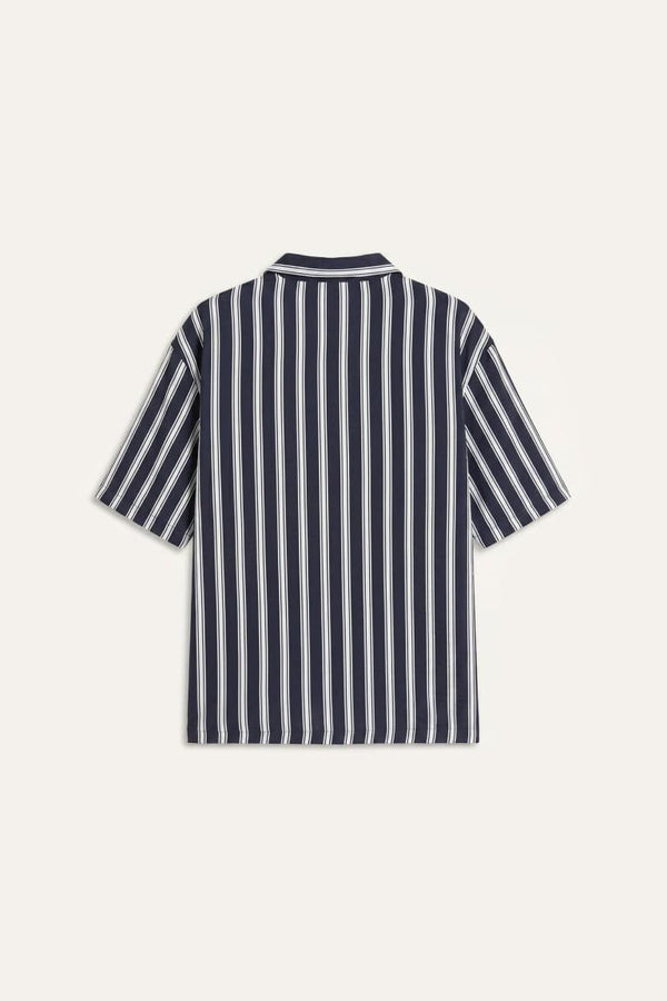 Boxy Fit, Apaş Collar Printed Striped Short Sleeve Shirt