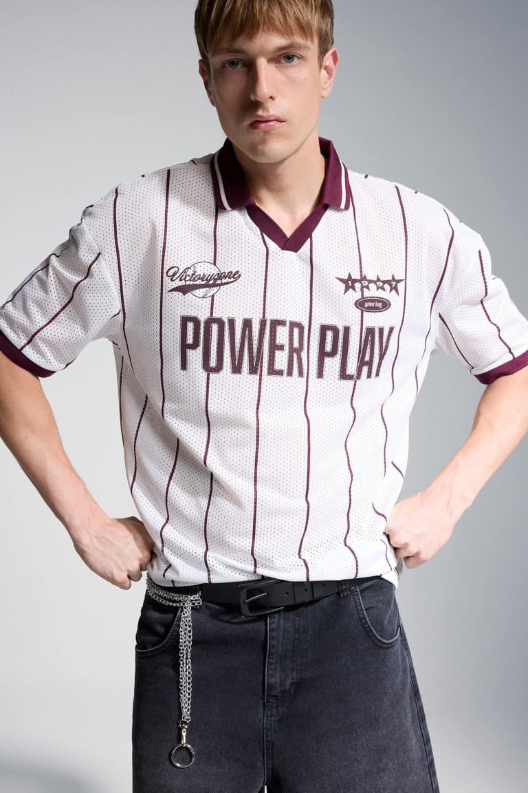 Loose Fit Slogan Printed Polo T-Shirt Main image