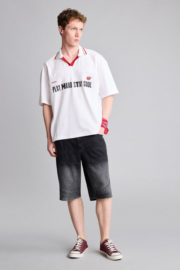 100% Cotton Loose Fit Polo Collar Slogan Printed Short Sleeve Polo Shirt