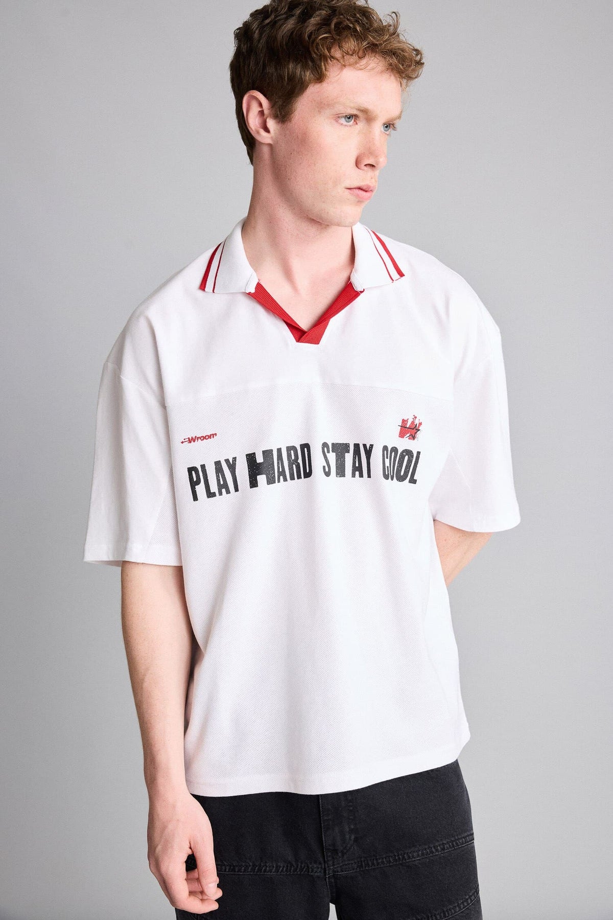 100% Cotton Loose Fit Polo Collar Slogan Printed Short Sleeve Polo Shirt