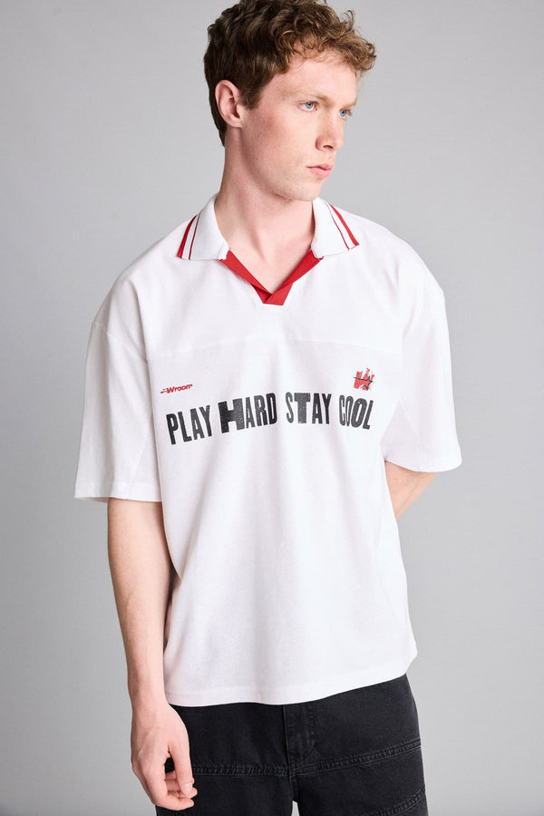 100% Cotton Loose Fit Polo Collar Slogan Printed Short Sleeve Polo Shirt