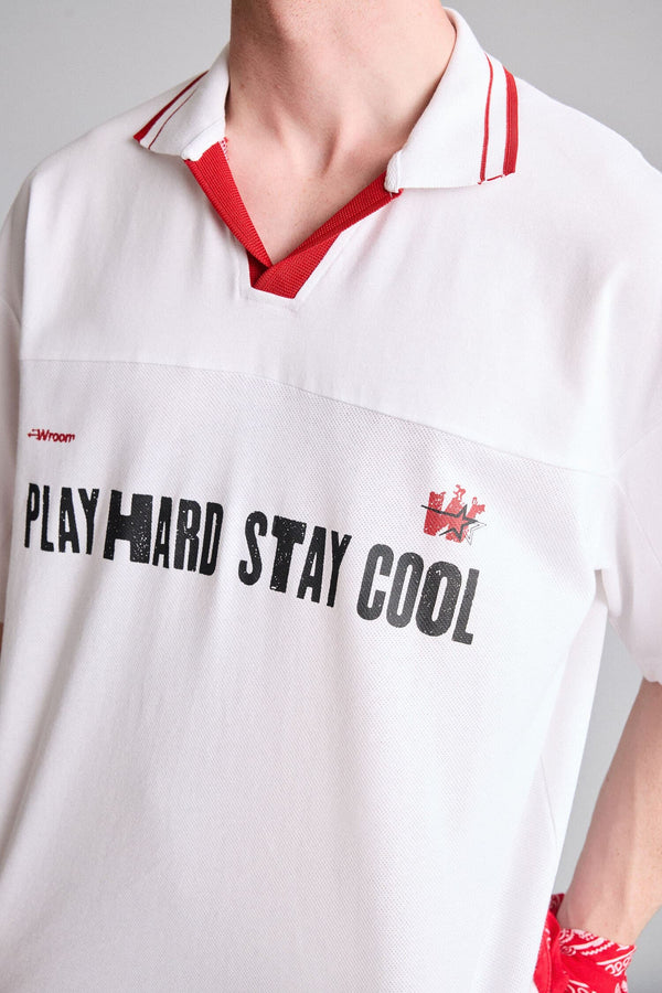 100% Cotton Loose Fit Polo Collar Slogan Printed Short Sleeve Polo Shirt