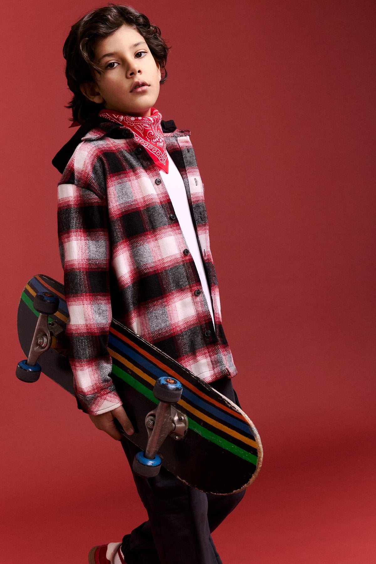 Oversize Wide Fit Hooded Plaid Patterned Flannel Long Sleeve Shirt Boy Main image