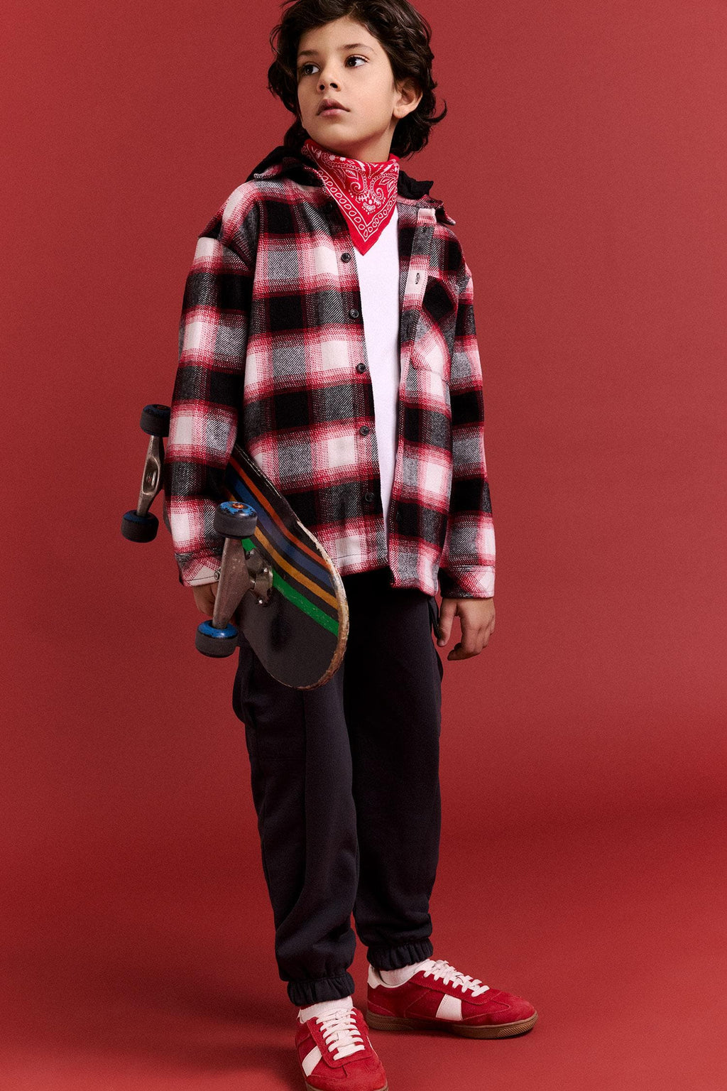 Oversize Wide Fit Hooded Plaid Patterned Flannel Long Sleeve Shirt Boy