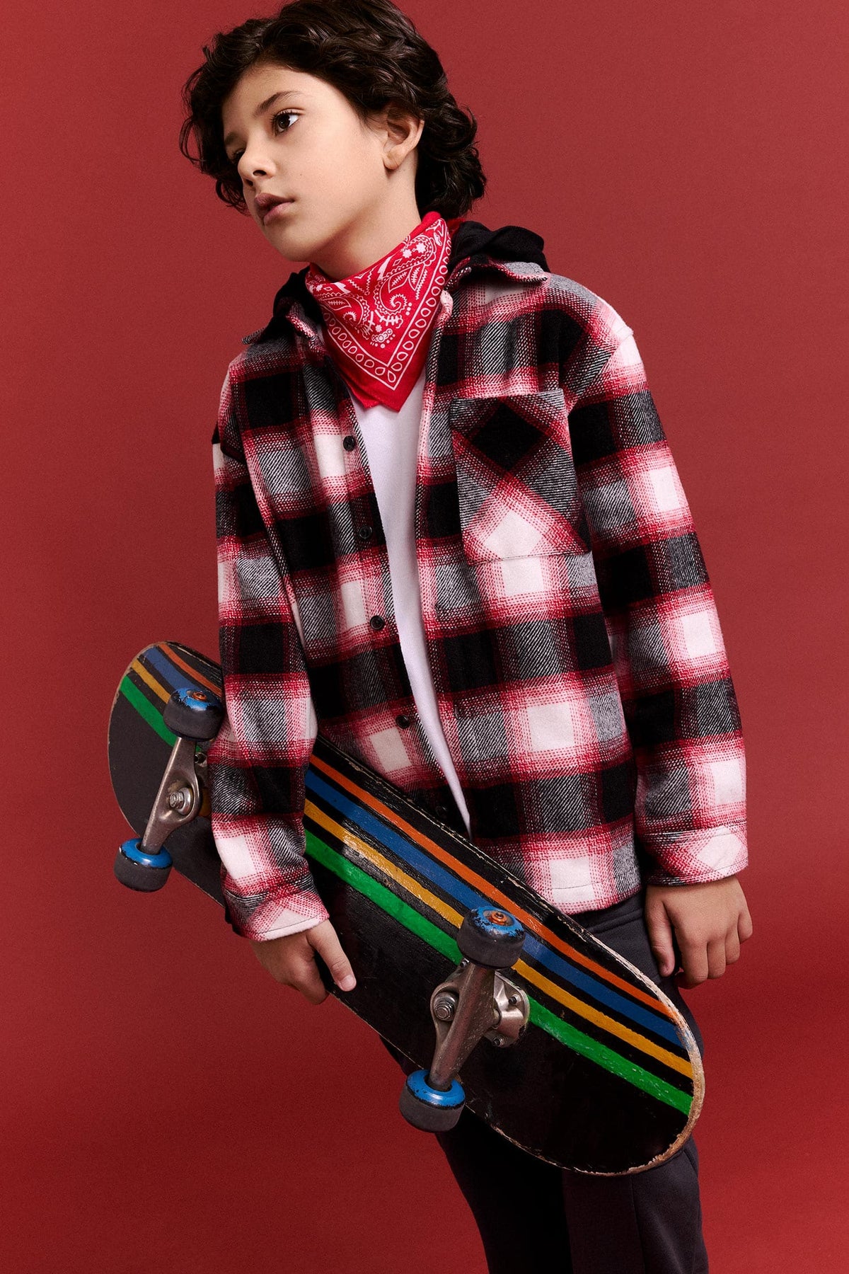 Oversize Wide Fit Hooded Plaid Patterned Flannel Long Sleeve Shirt Boy