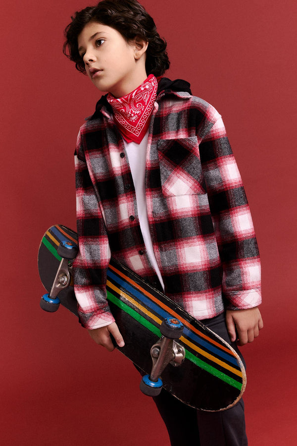 Oversize Wide Fit Hooded Plaid Patterned Flannel Long Sleeve Shirt Boy