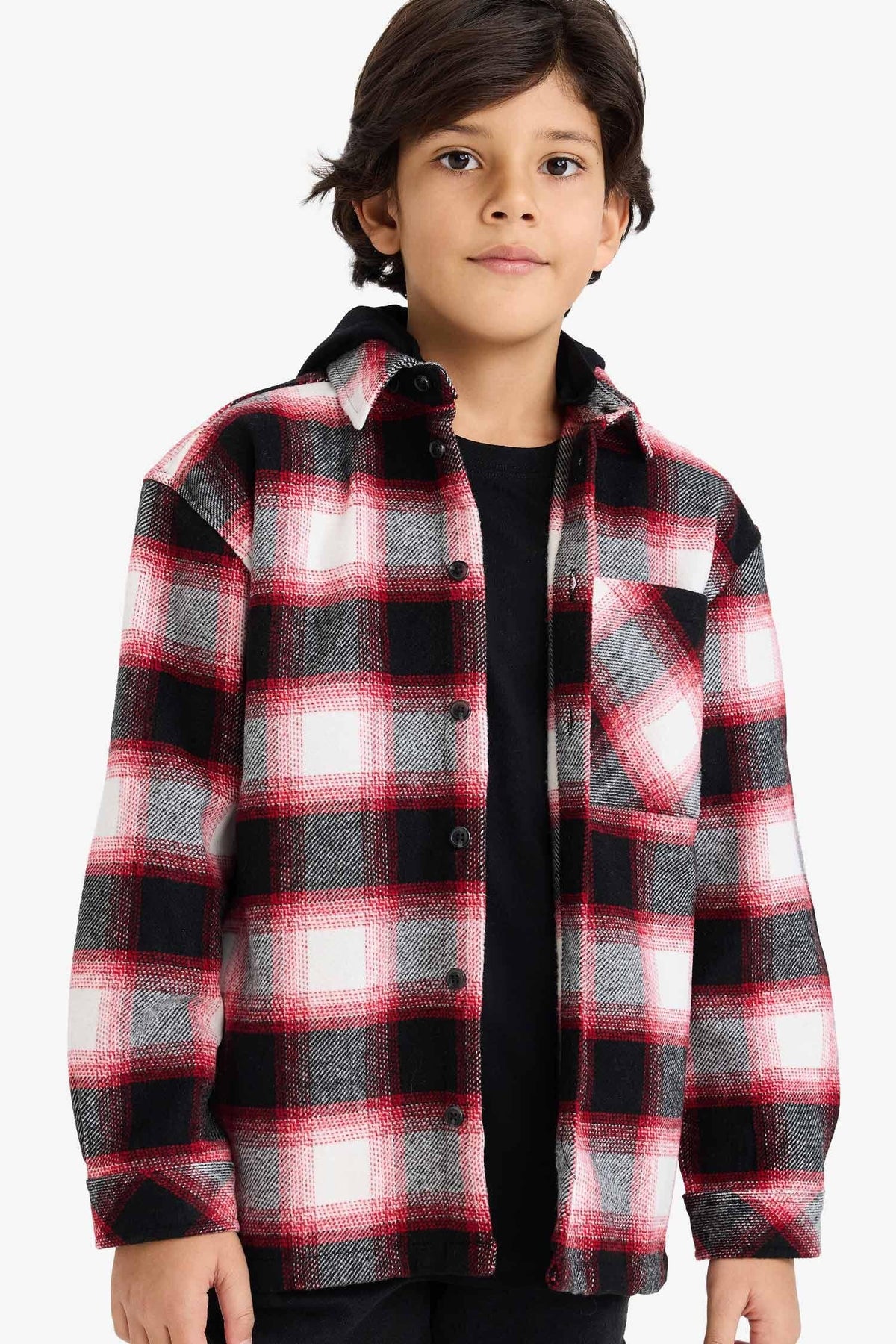 Oversize Wide Fit Hooded Plaid Patterned Flannel Long Sleeve Shirt Boy