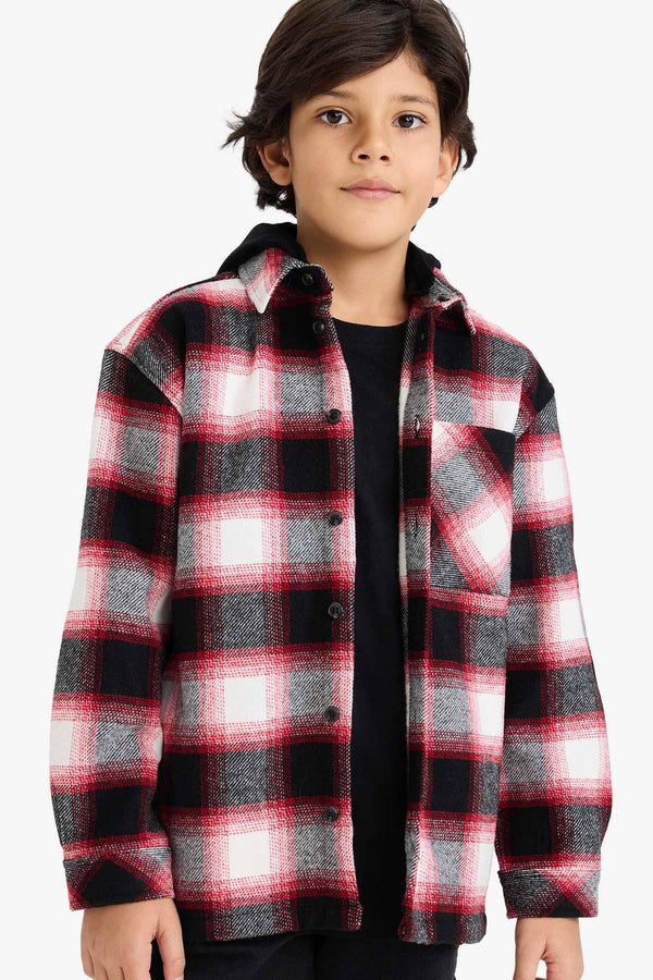 Oversize Wide Fit Hooded Plaid Patterned Flannel Long Sleeve Shirt Boy