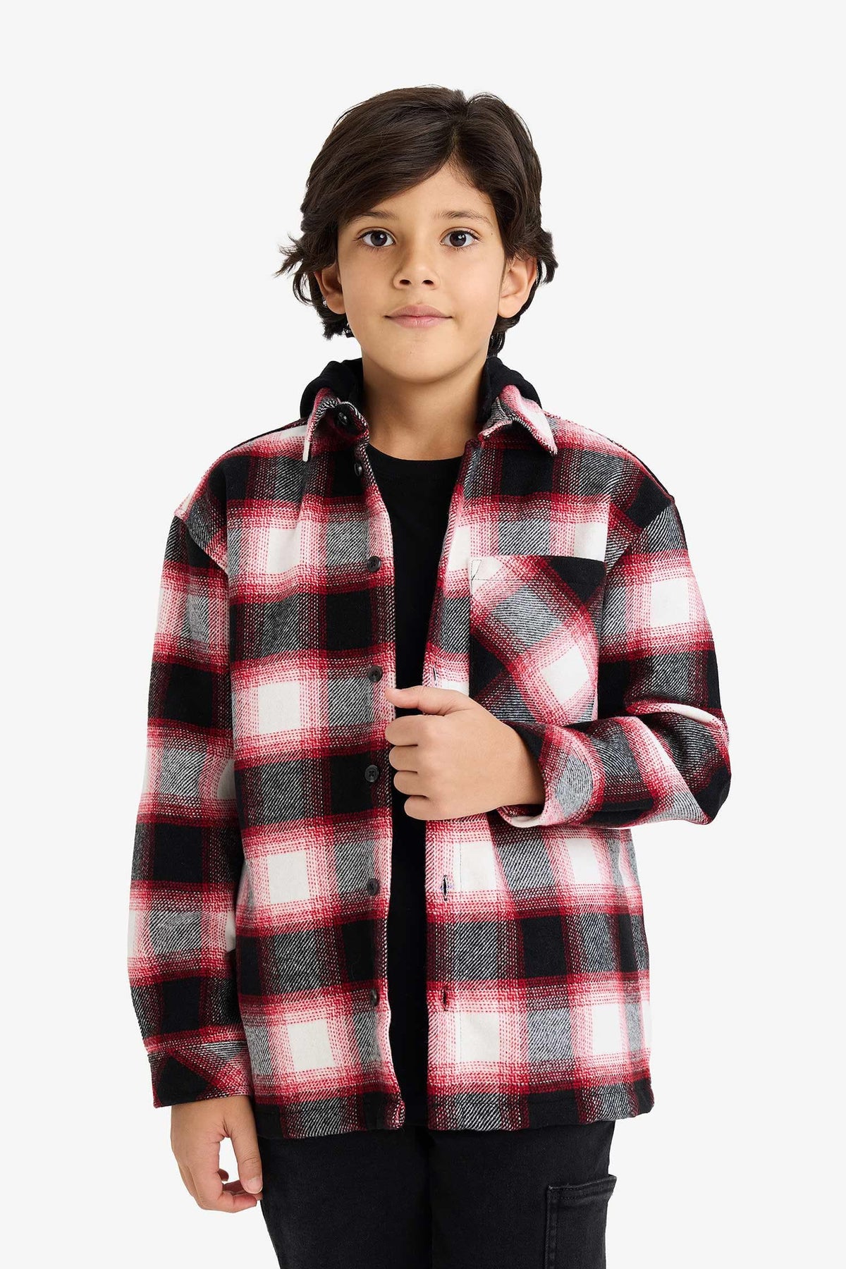 Oversize Wide Fit Hooded Plaid Patterned Flannel Long Sleeve Shirt Boy