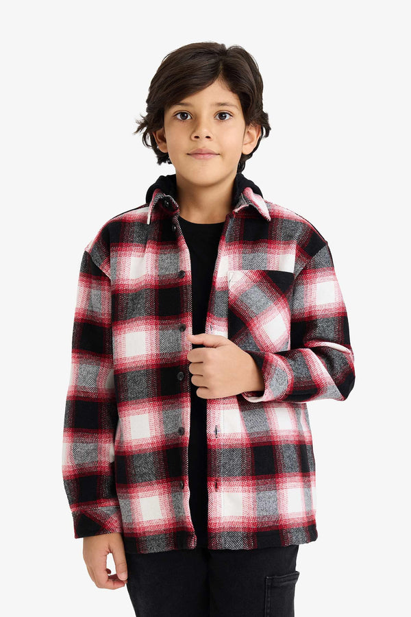 Oversize Wide Fit Hooded Plaid Patterned Flannel Long Sleeve Shirt Boy