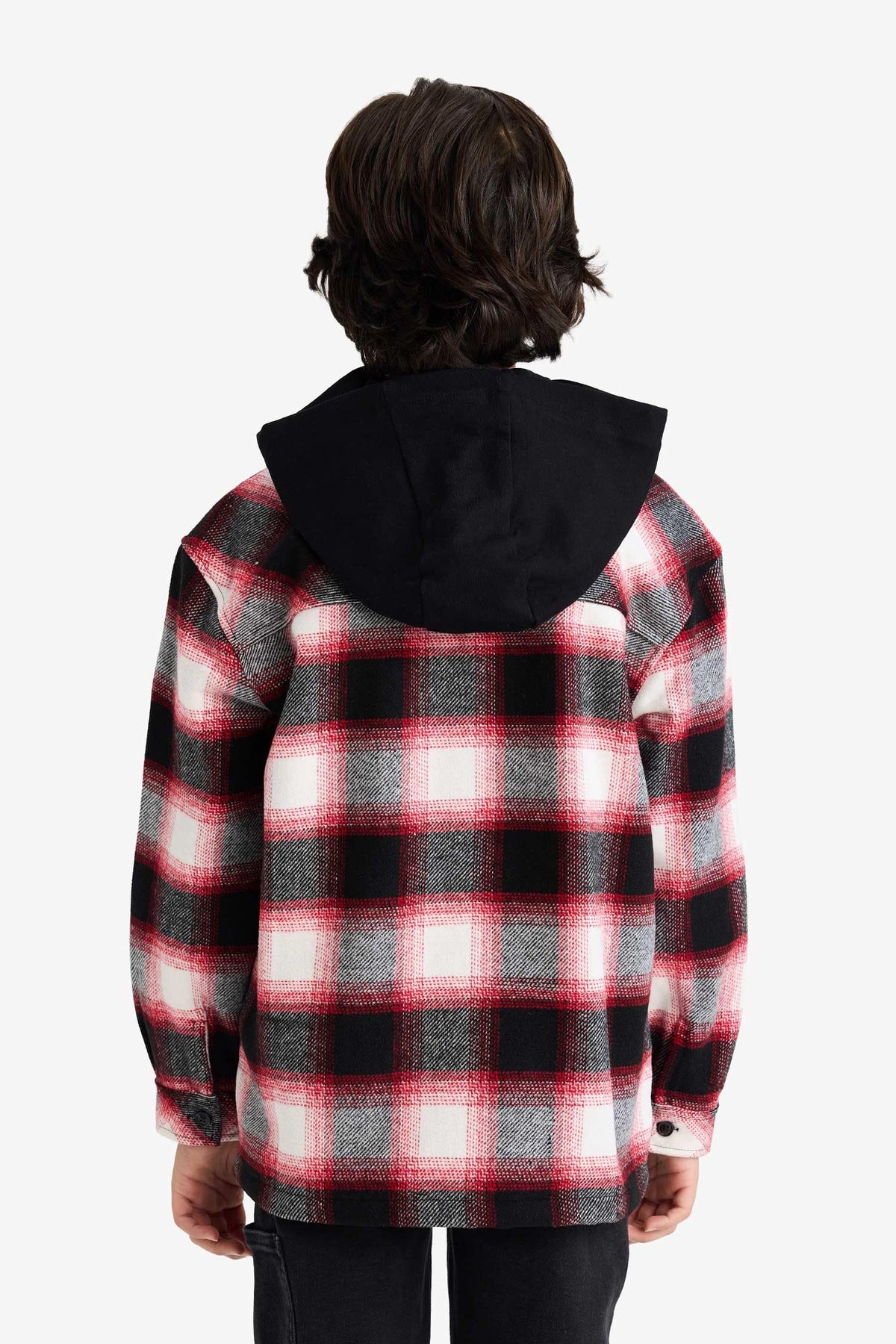 Oversize Wide Fit Hooded Plaid Patterned Flannel Long Sleeve Shirt Boy