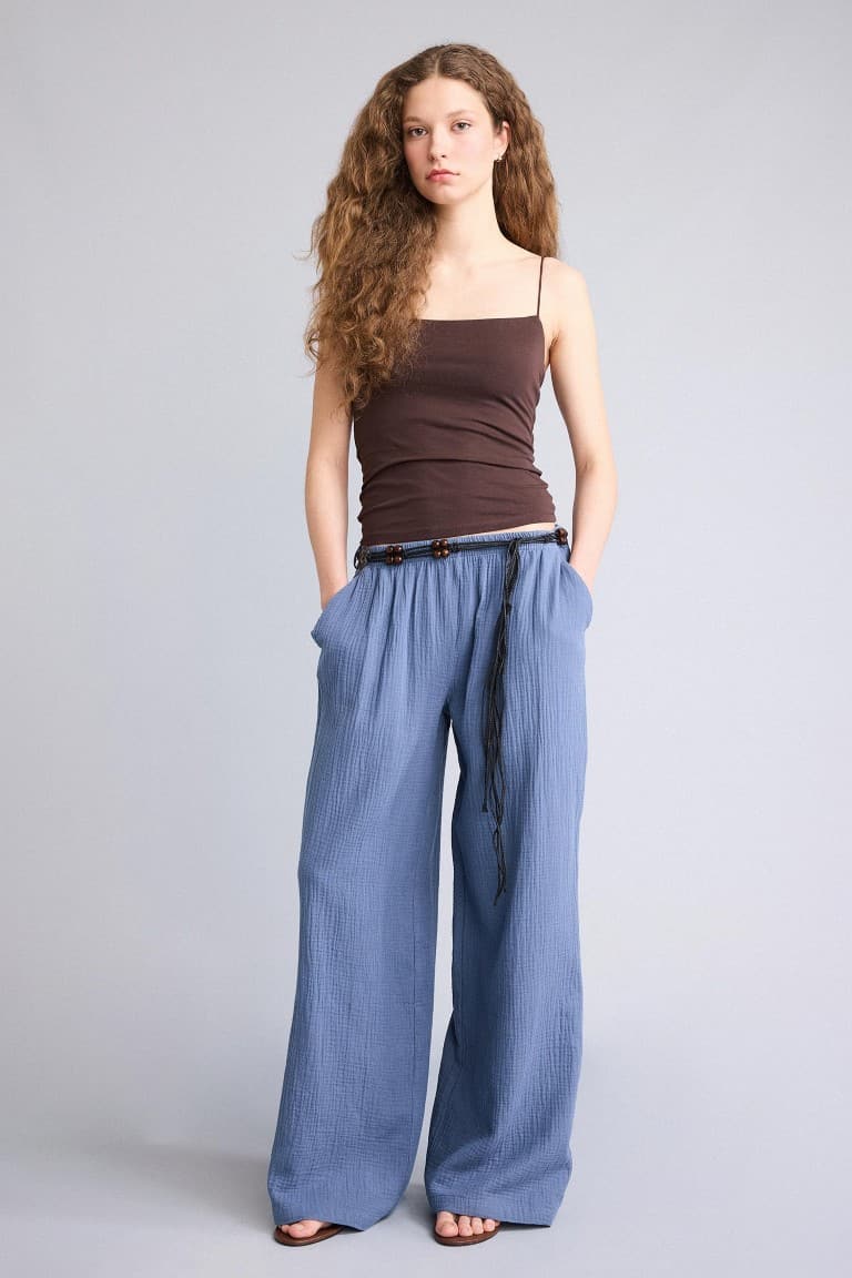 100% Cotton Wide Leg Pocket Detailed Normal Waist Standard Size Muslin Trousers Main image