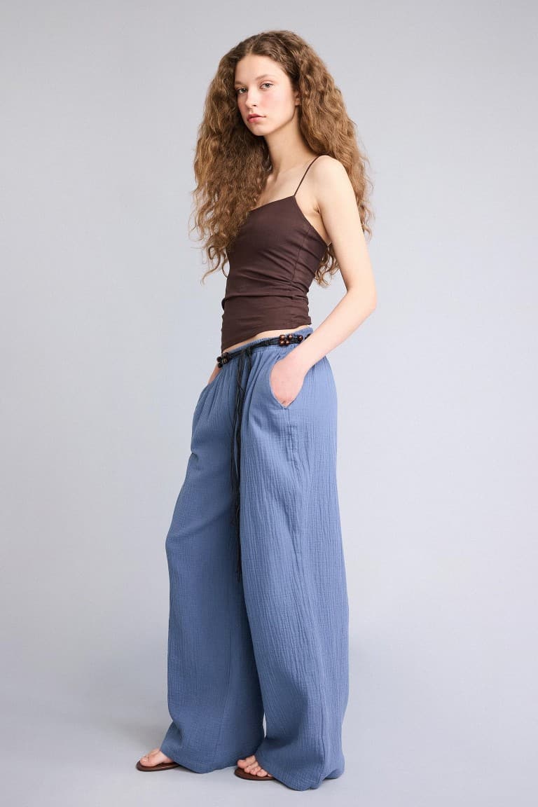 100% Cotton Wide Leg Pocket Detailed Normal Waist Standard Size Muslin Trousers