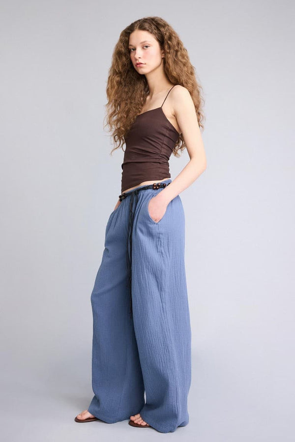 100% Cotton Wide Leg Pocket Detailed Normal Waist Standard Size Muslin Trousers