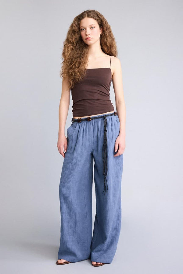 100% Cotton Wide Leg Pocket Detailed Normal Waist Standard Size Muslin Trousers
