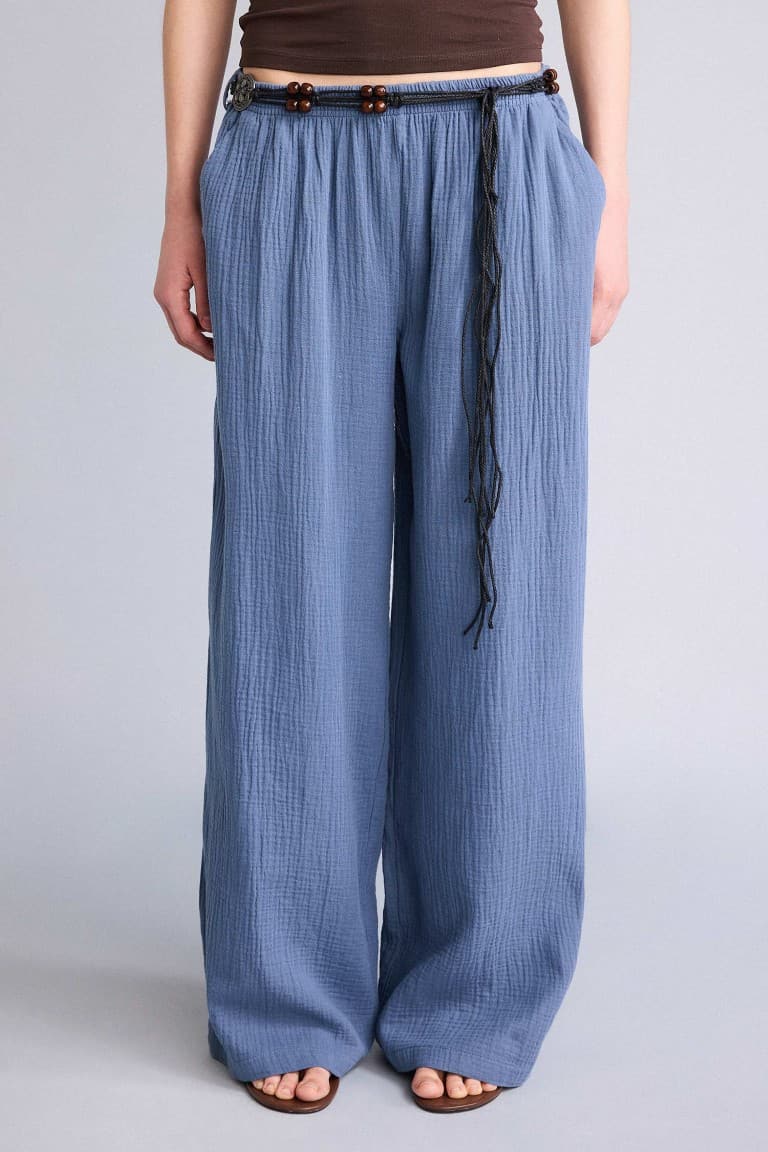 100% Cotton Wide Leg Pocket Detailed Normal Waist Standard Size Muslin Trousers