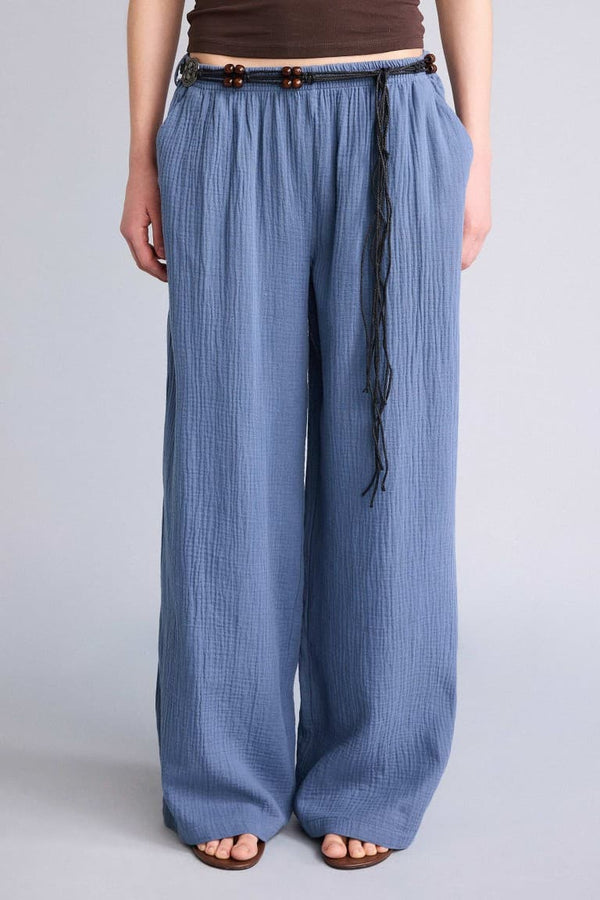 100% Cotton Wide Leg Pocket Detailed Normal Waist Standard Size Muslin Trousers