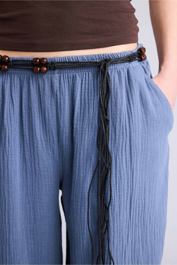 100% Cotton Wide Leg Pocket Detailed Normal Waist Standard Size Muslin Trousers