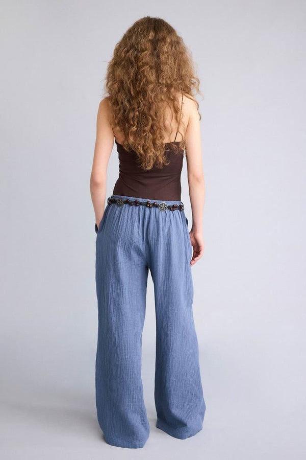100% Cotton Wide Leg Pocket Detailed Normal Waist Standard Size Muslin Trousers