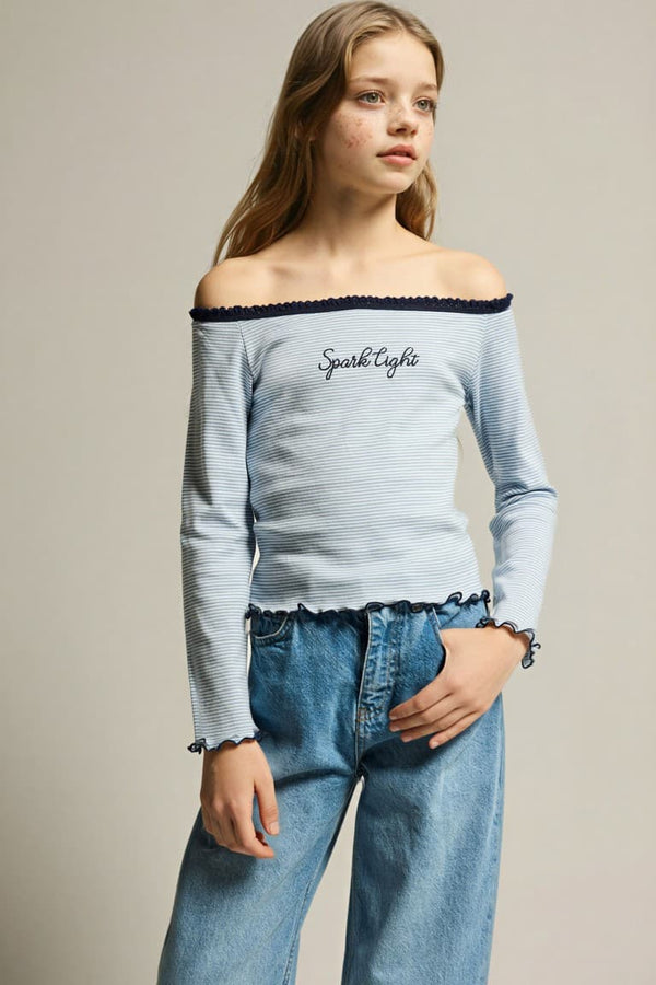 Carmen Collar Slogan Printed Long Sleeve T-Shirt Girls