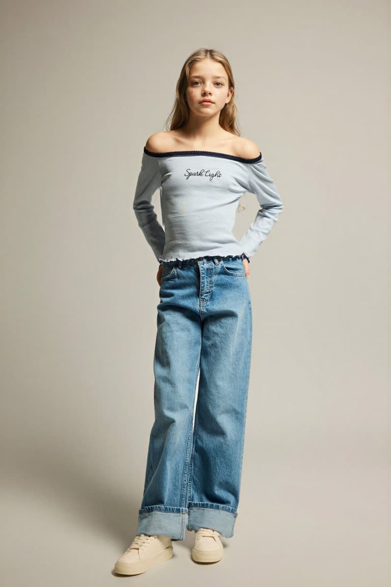Carmen Collar Slogan Printed Long Sleeve T-Shirt Girls