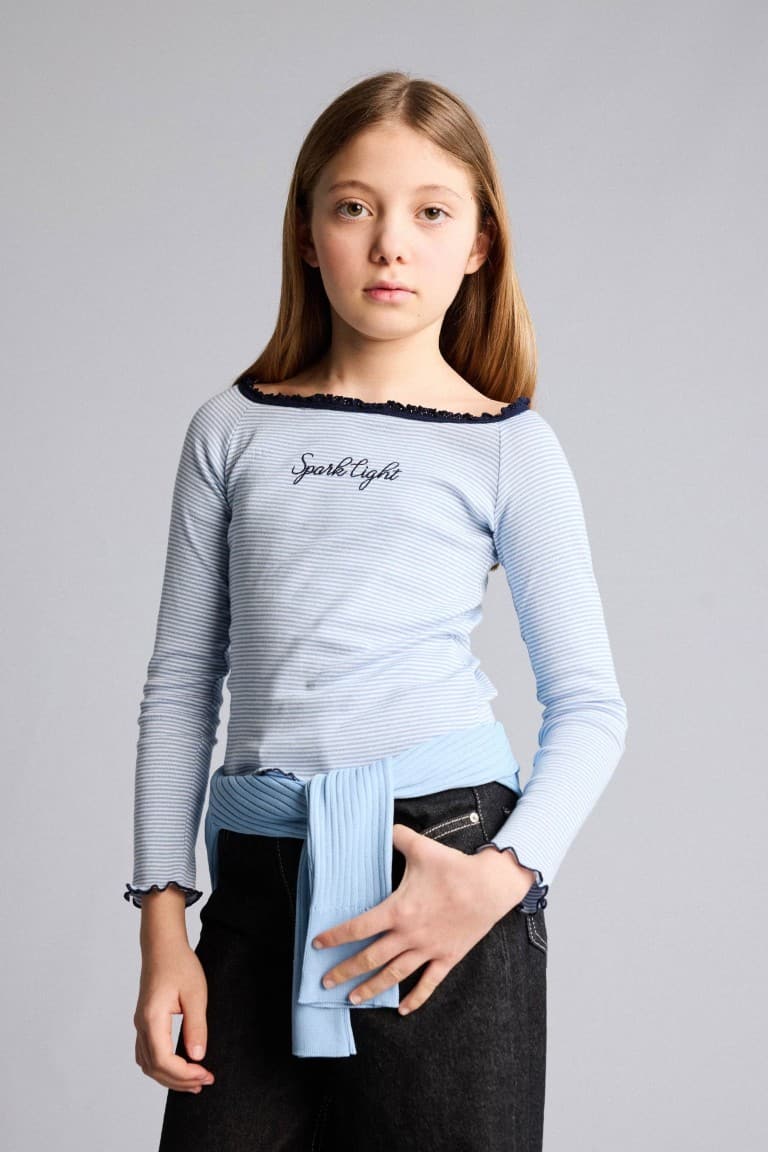 Carmen Collar Slogan Printed Long Sleeve T-Shirt Girls