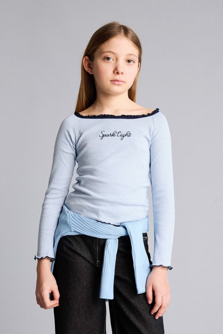 Carmen Collar Slogan Printed Long Sleeve T-Shirt Girls