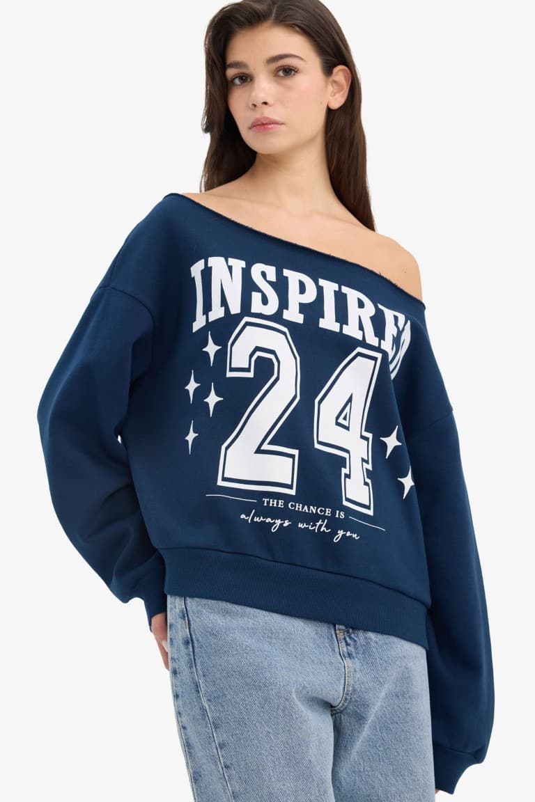 Oversize Wide Fit Open Shoulder Printed Thick Sweatshirt