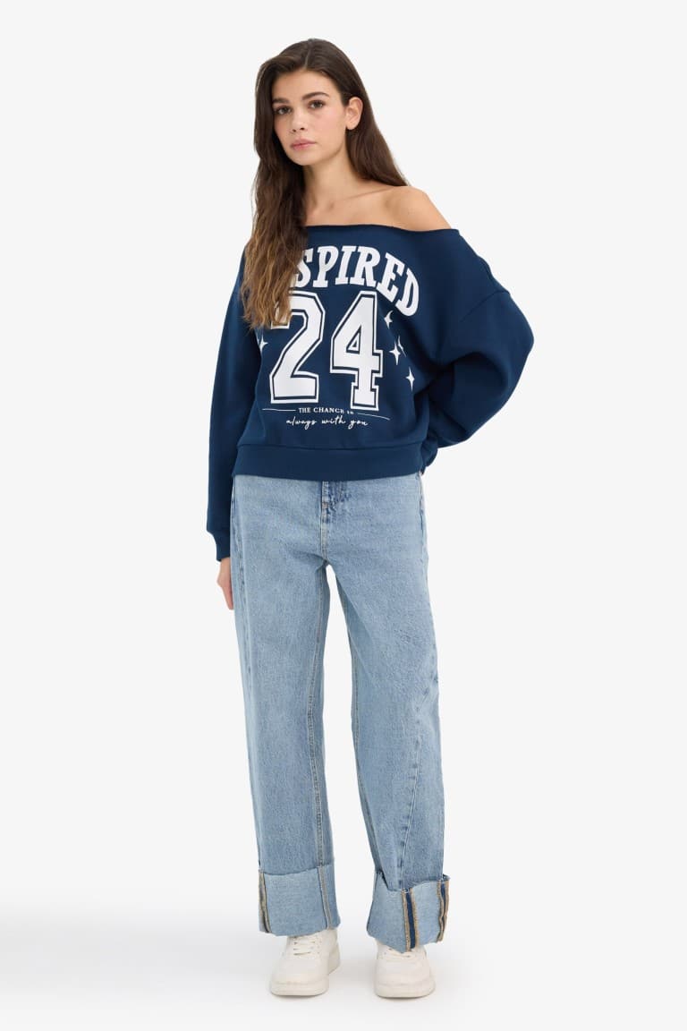 Oversize Wide Fit Open Shoulder Printed Thick Sweatshirt