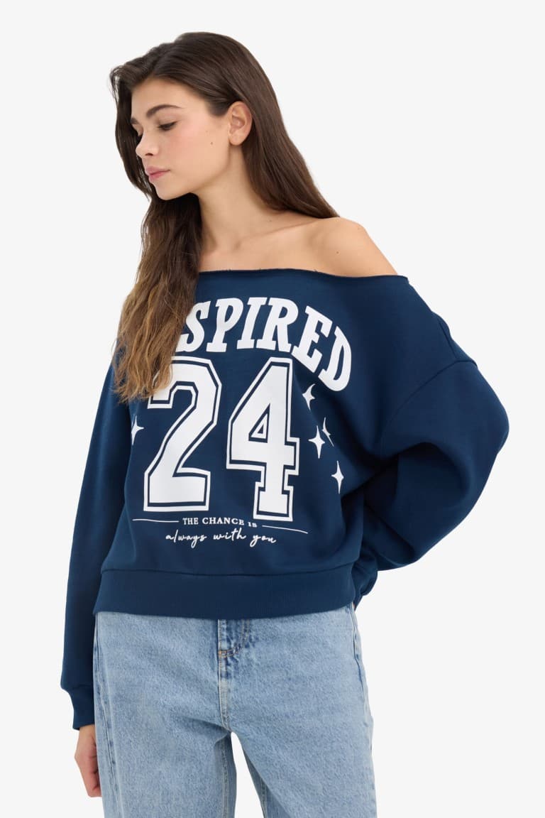 Oversize Wide Fit Open Shoulder Printed Thick Sweatshirt