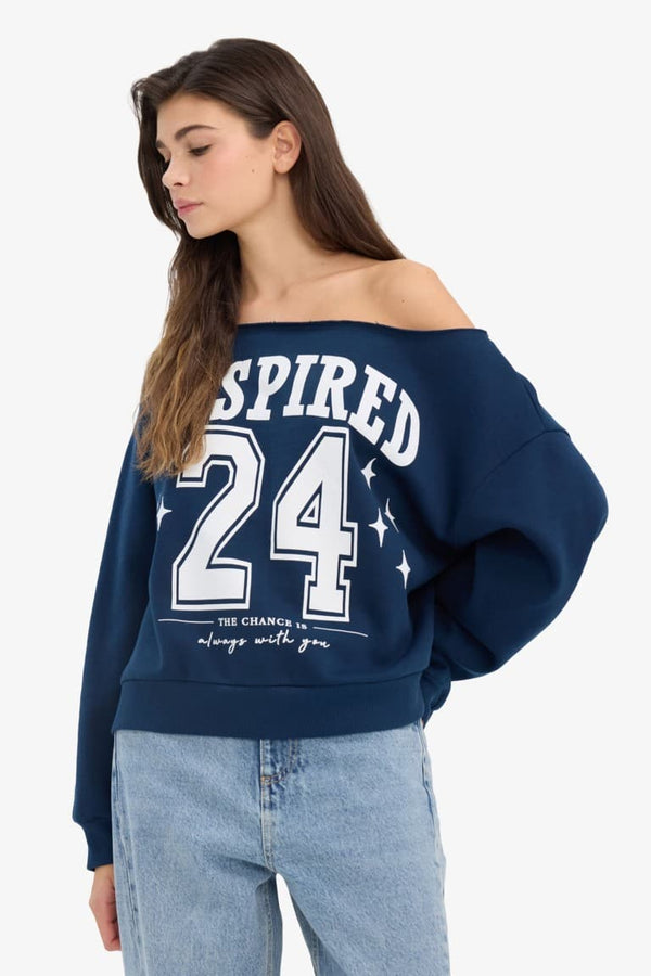 Oversize Wide Fit Open Shoulder Printed Thick Sweatshirt