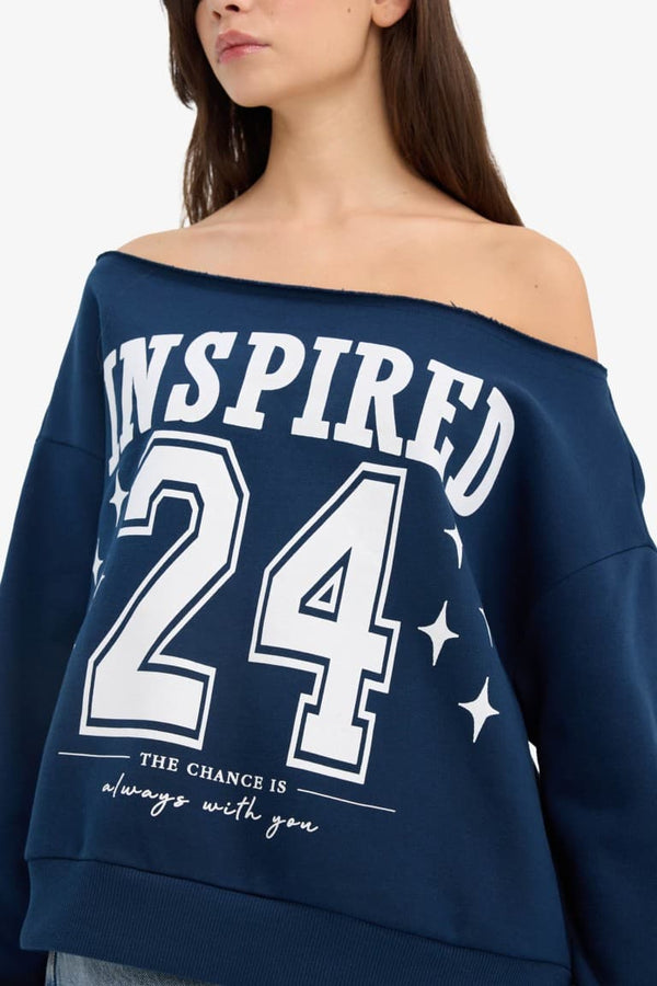 Oversize Wide Fit Open Shoulder Printed Thick Sweatshirt