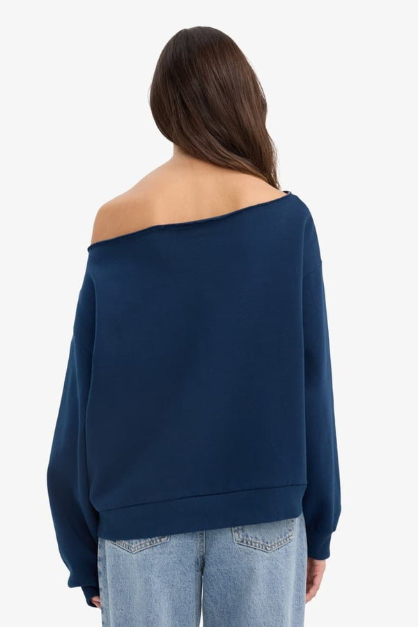 Oversize Wide Fit Open Shoulder Printed Thick Sweatshirt