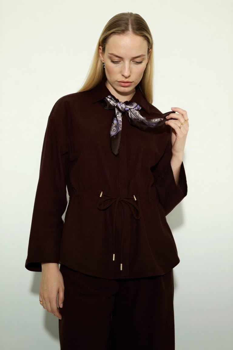 Regular Fit Elastic Waist Suede Long Sleeve Shirt